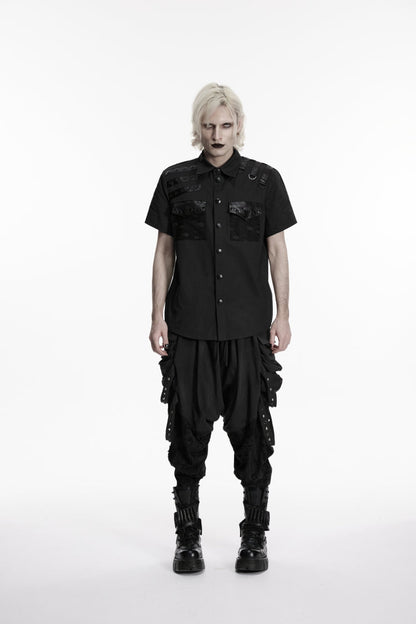 Black Lapel Collar Short Sleeves Cut-Out Spliced Men's Punk Shirt