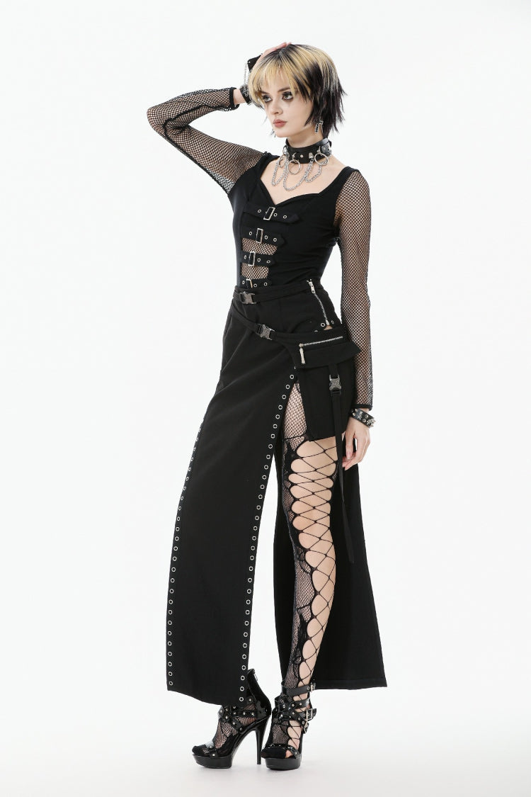Black Mesh Spliced Long Sleeves Buckled Strap Eyelet Women's Punk Top