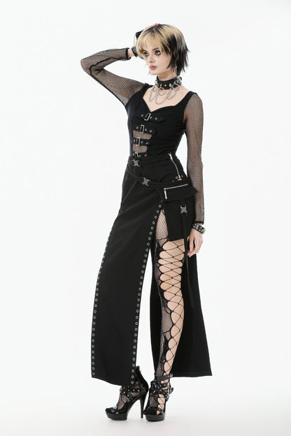Black Mesh Spliced Long Sleeves Buckled Strap Eyelet Women's Punk Top