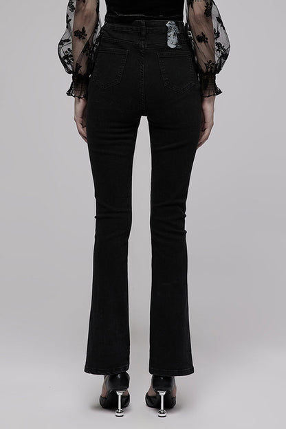 Black Denim Chain Decorated Tight Waist Slit Micro Punk Flared Women's Pants