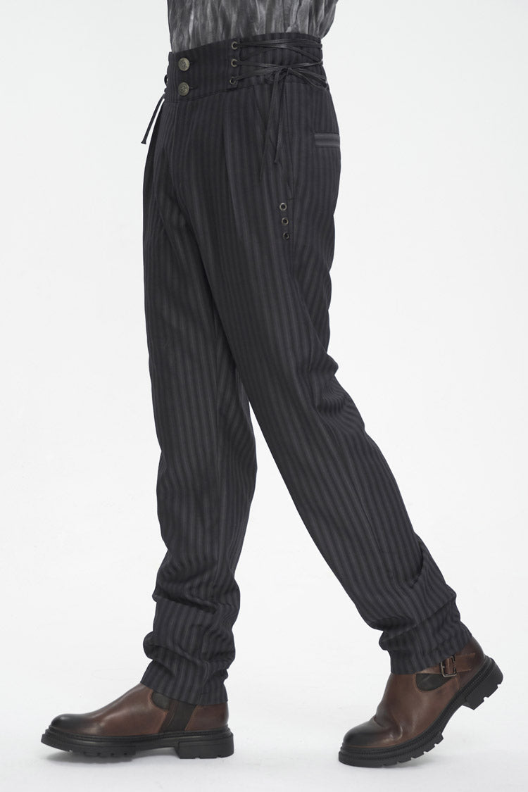 Black High Waisted Lace-Up Striped Men's Gothic Pants
