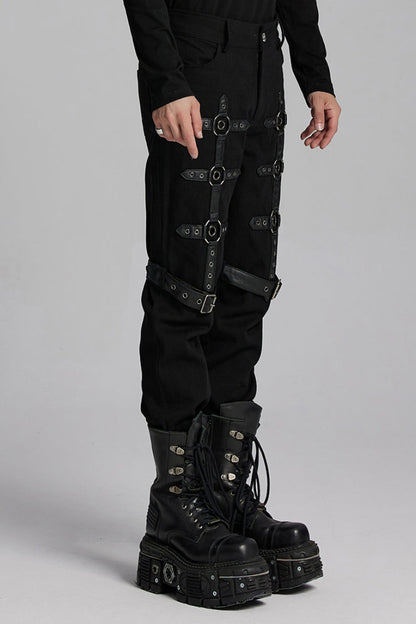 Black Buckle Eyelets Ring Men's Punk Pants