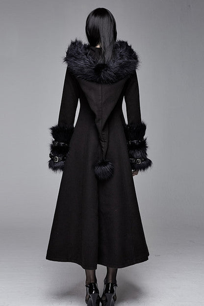 Black Gothic Double Faced Woolen Hooded Long Sexy Women Coat