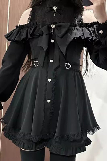 Black Long Sleeves Ruffle Stitching Lace Jirai Kei Japanese Strapless Dress Set