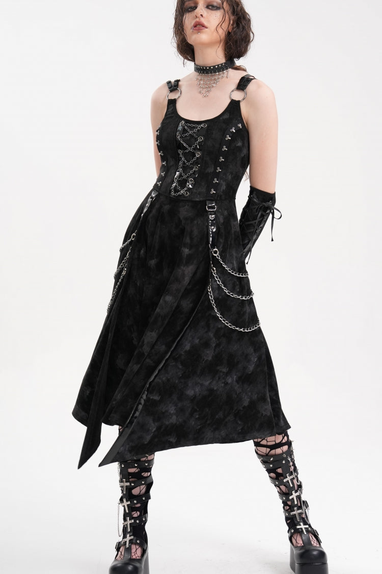 Black Chains Rings Lace-Up Women's Gothic Slip Dress with Gloves