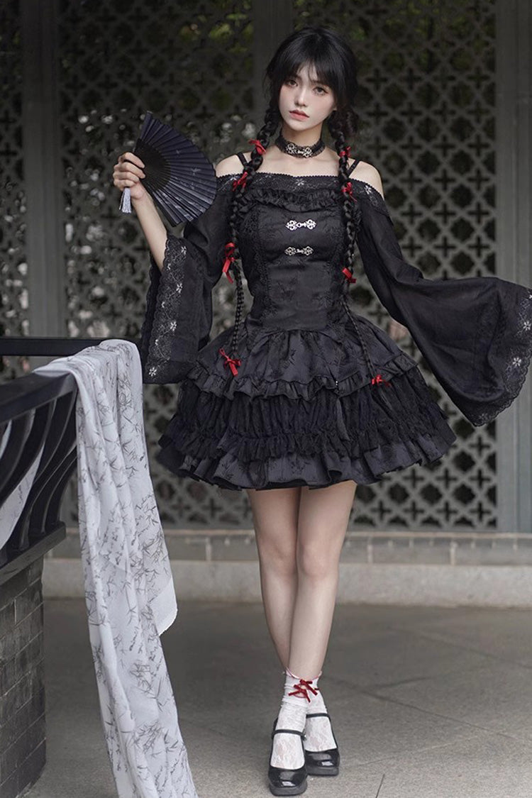 Black Bamboo Leaves Print Ruffle Lace Gothic Chinese Style Lolita Skirt