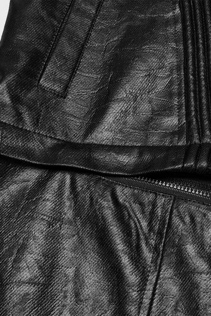 Black Long Sleeves Ruched Faux Leather Stitching Hooded Detachable Men's Punk Coat