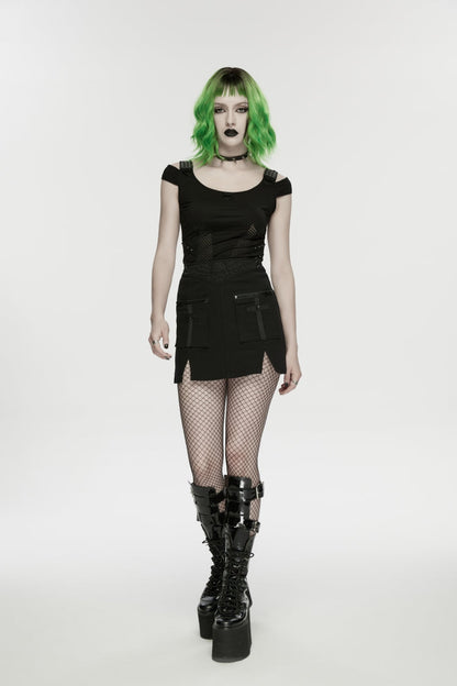 Black Embroidered Zippered Women's Punk Skull Embroidered Cool Big Pocket Skirt
