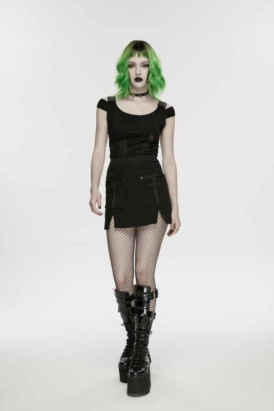 Black Embroidered Zippered Women's Punk Skull Embroidered Cool Big Pocket Skirt