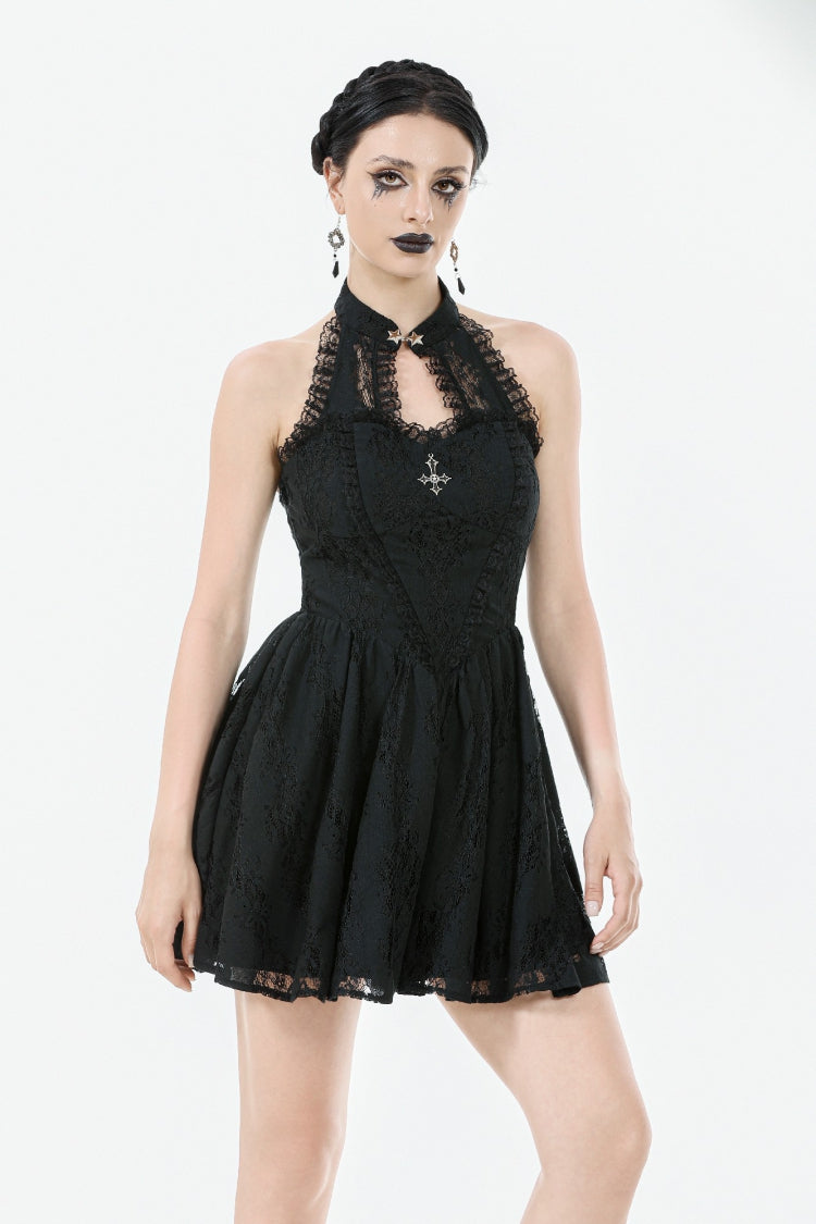 Black Off Shoulder Halterneck Sleeveless Lace Women's Gothic Short Dress