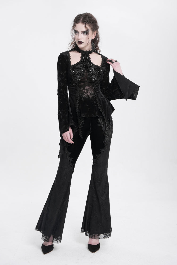 Black Halterneck Long Trumpet Sleeves Jacquard Embroidery Women's Gothic Blouse