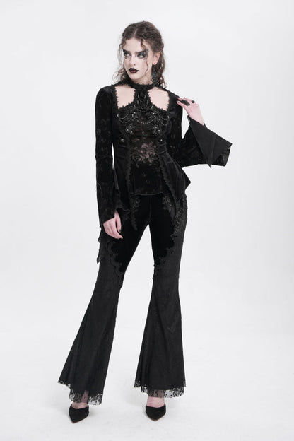 Black Halterneck Long Trumpet Sleeves Jacquard Embroidery Women's Gothic Blouse