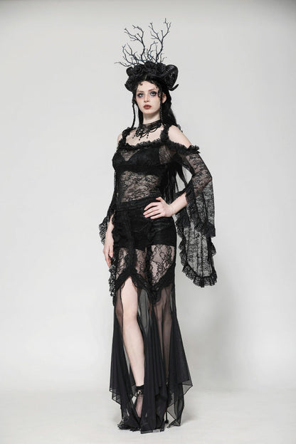 Black Lace-Up Mesh Spliced Lace Women's Gothic Fishtailed Skirt
