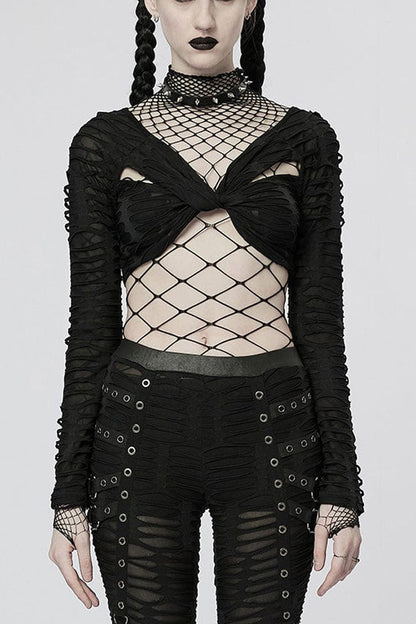 Black Long Sleeve Creative Twist Stretch Sexy Women's Gothic T-Shirt