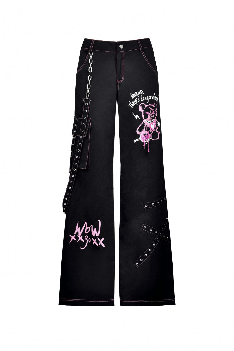 Black Dangerous Bear Chain-Decorated Women's Grunge Bell Bottom Pants