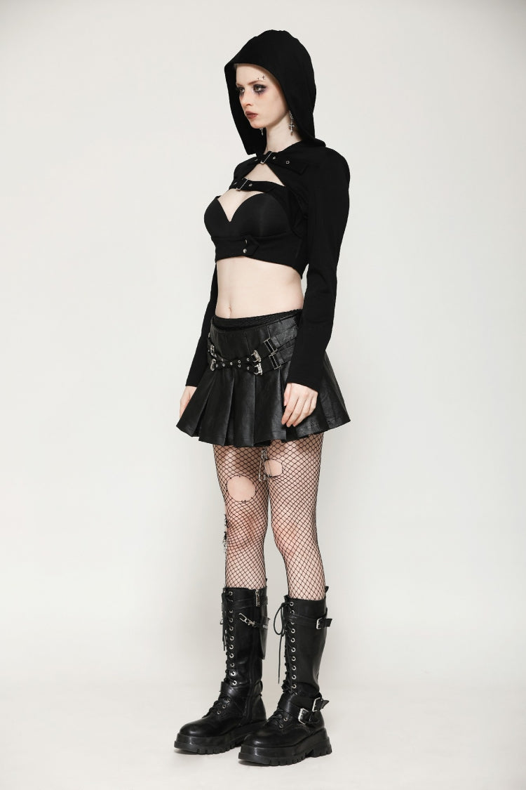 Black Low Waisted Buckle-Up Women's Punk PU Leather Pleated Mini Skirt