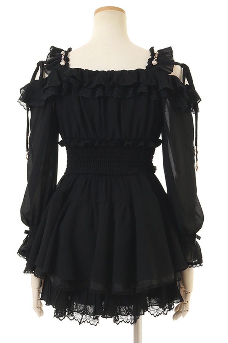 Black Off Shoulder Long Sleeves Floral Print Ruffle Bowknot Lace-Up Gothic Jirai Kei Japanese Skirt Set