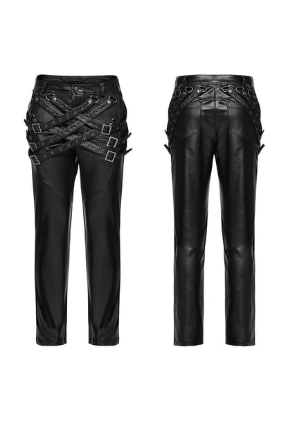 Black Mesh Buckle Strap Men's Punk Pants