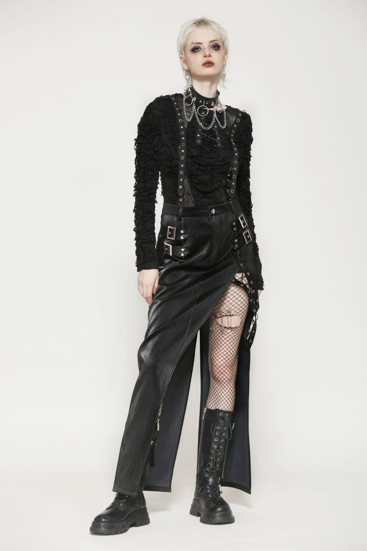 Black Leather Women's Punk Buckled Side Slit Irregular Hem Skirt