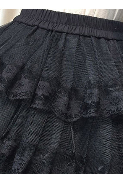 Black Cotton Organza Lining Lace Gothic Lolita Tiered Skirt