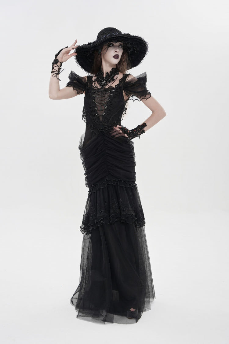 Black Off Shoulder Ruffled Cut-Out Lace Pleated Women's Gothic Dress