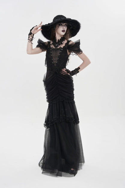 Black Off Shoulder Ruffled Cut-Out Lace Pleated Women's Gothic Dress
