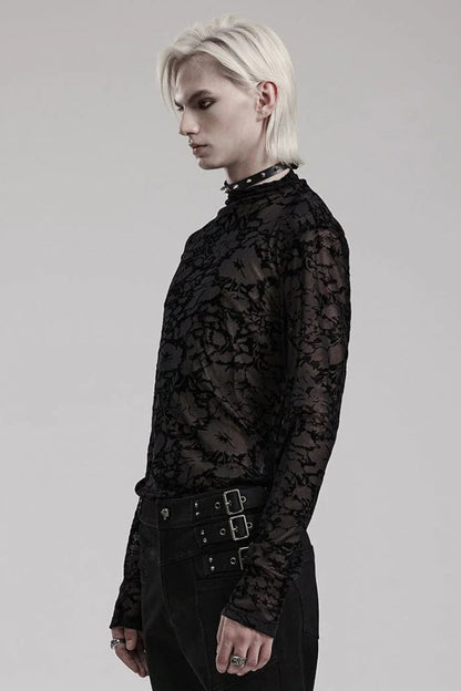 Black Long Sleeves Print Sheer Mesh Mens Gothic T-Shirt