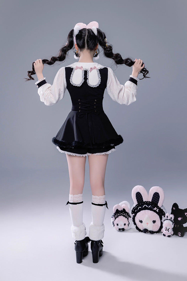 Black Long Sleeves Ruffle Bowknot Lace-Up Japanese Jirai Kei Dress Shorts Plush Set