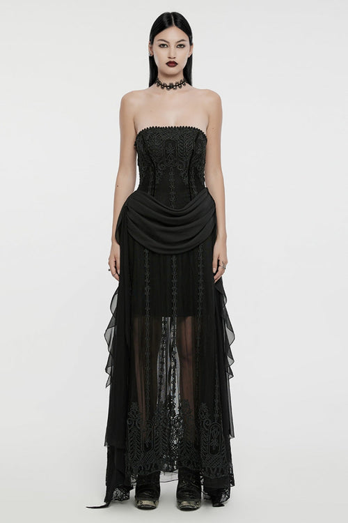 Black Off Shoulder Sleeveless Spliced Lace-Up Slim Pleated Women's Gothic Corset  Chiffon Strapless Dress