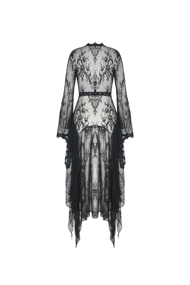 Black Long Trumpet Sleeves Sheer Floral Lace Women's Gothic Maxi Cloak with Belts