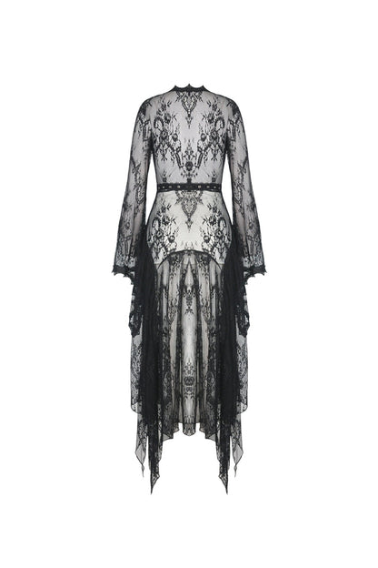 Black Long Trumpet Sleeves Sheer Floral Lace Women's Gothic Maxi Cloak with Belts