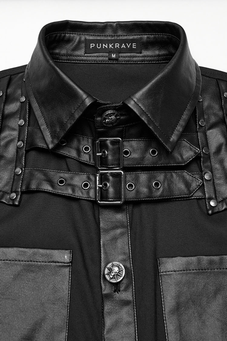 Black Lapel Collar Long Sleeves Faux Leather Stitching Buckle Men's Punk Blouse