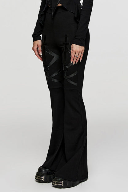 Black Cross Stitching Metal Ring Women's Steampunk Flared Pants