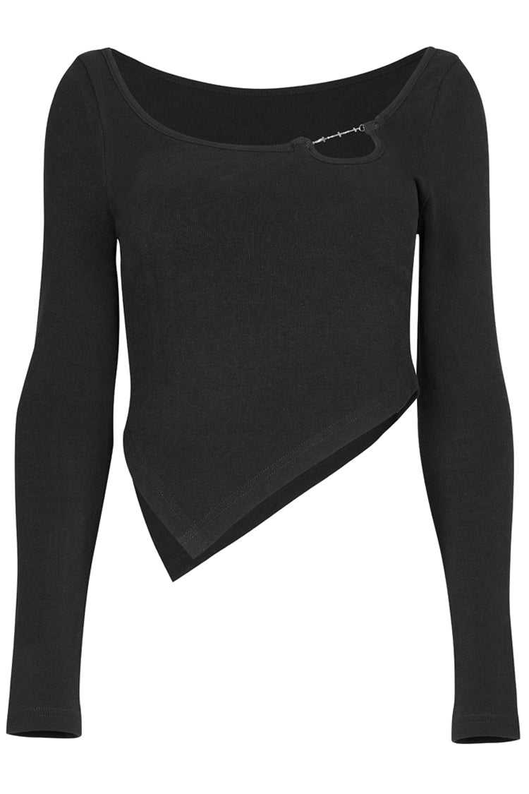 Black Asymmetric Hem Design Sexy Hollow Metal Cross-Chain Decoration Long Sleeve Women's Punk T-Shirt