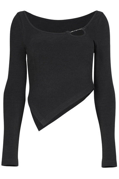 Black Asymmetric Hem Design Sexy Hollow Metal Cross-Chain Decoration Long Sleeve Women's Punk T-Shirt