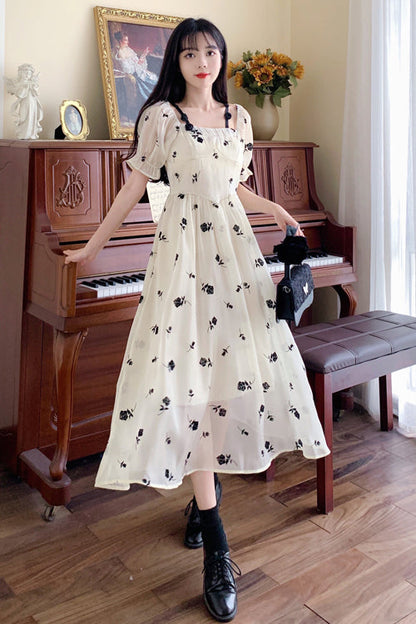 Beige French Square Collar Short Sleeves Rose Print Long Plus Size Sweet Lolita Dress
