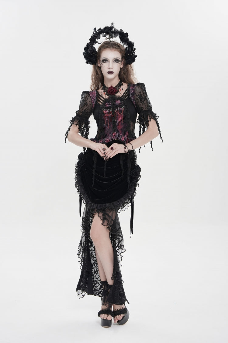 Black Embroidered Rose Lace-up Irregular Women's Gothic Hem Skirt