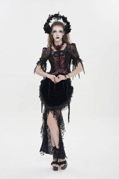 Black Embroidered Rose Lace-up Irregular Women's Gothic Hem Skirt