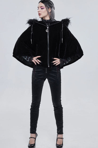 Black Gothic Velvet Collar Crescent Pendant Zipper Warm Short Women's Shawl