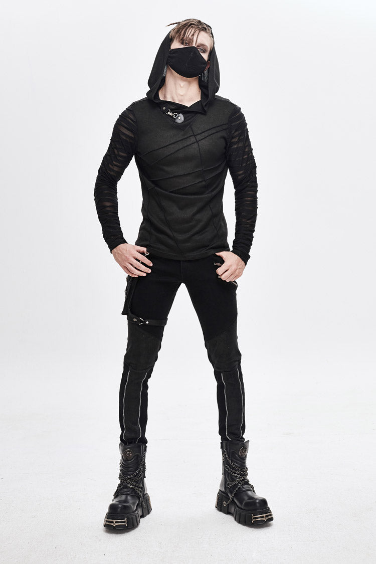 Black Collar Metal Button Irregular Striped Patchwork Bandage Hooded Men's Punk T-Shirt