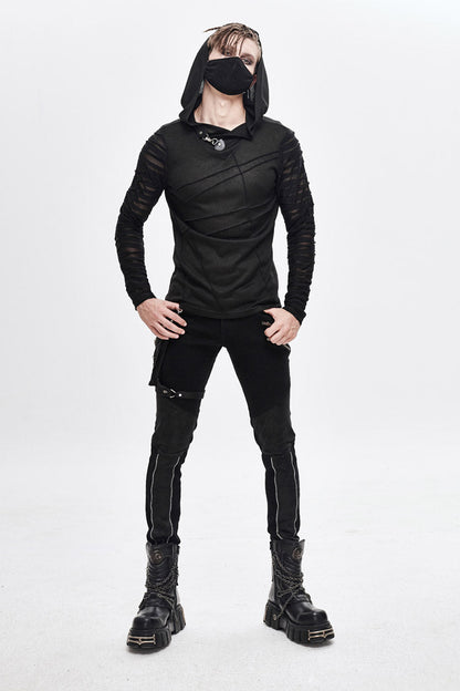 Black Collar Metal Button Irregular Striped Patchwork Bandage Hooded Men's Punk T-Shirt