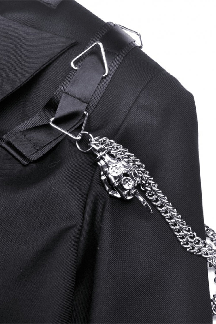 Black Lapel Collar Long Sleeves Chain-Decorated Women's Punk Irregular Short Jacket