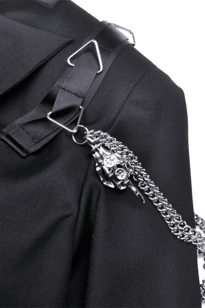 Black Lapel Collar Long Sleeves Chain-Decorated Women's Punk Irregular Short Jacket