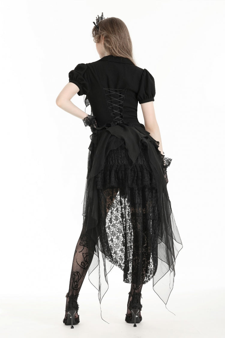 Black Multi-Layered Deep V Collar Pleated Short Puff Sleeves Lace-Up Gothic Blouse