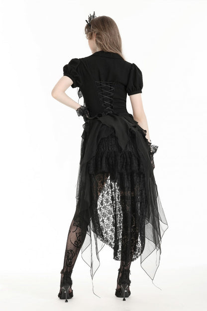 Black Multi-Layered Deep V Collar Pleated Short Puff Sleeves Lace-Up Gothic Blouse