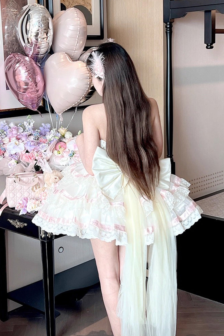 Beige [Ballet Dream] Halterneck Triple-Layered Ruffle Bowknot Lace-Up Sweet Princess Lolita Dress