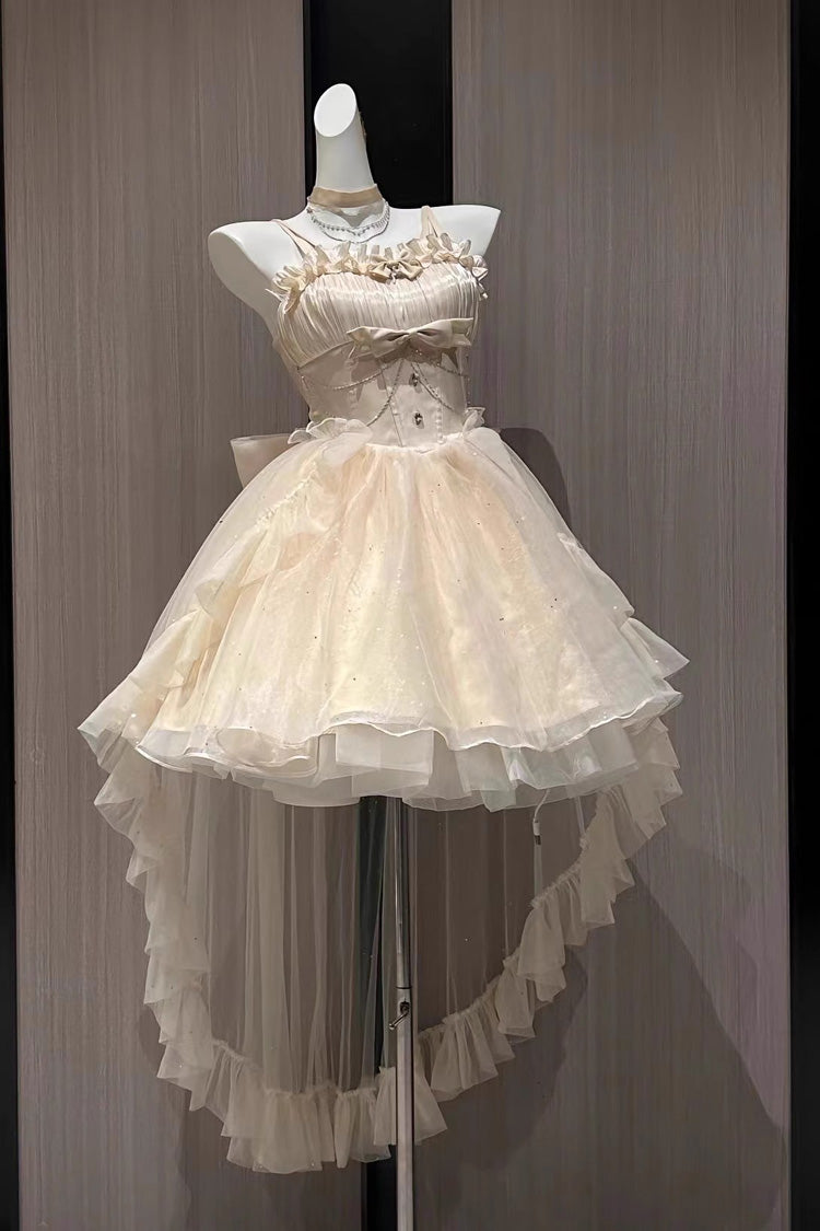 Apricot Shining Bowknot Irregular Sweet Princess Gorgeous Lolita Jsk Dress (Include Train)