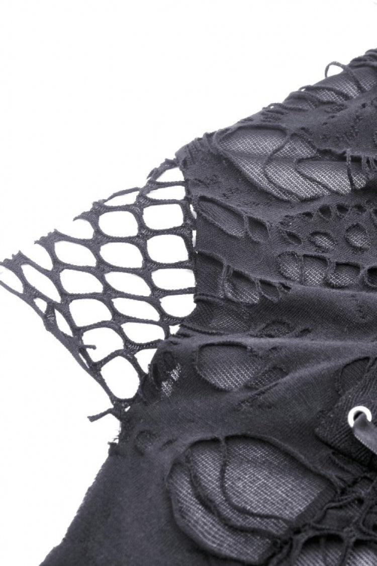 Black High Collar Sleeveless Irregular Asymmetric Lace-Up Eyelet Women's Punk Ripped Tank Top