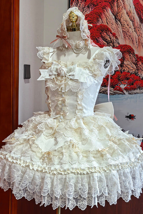 Apricot [Rose Feather Romance] Square Collar Ruffled Bow Lace Ballet Sweet Lolita Jsk Dress