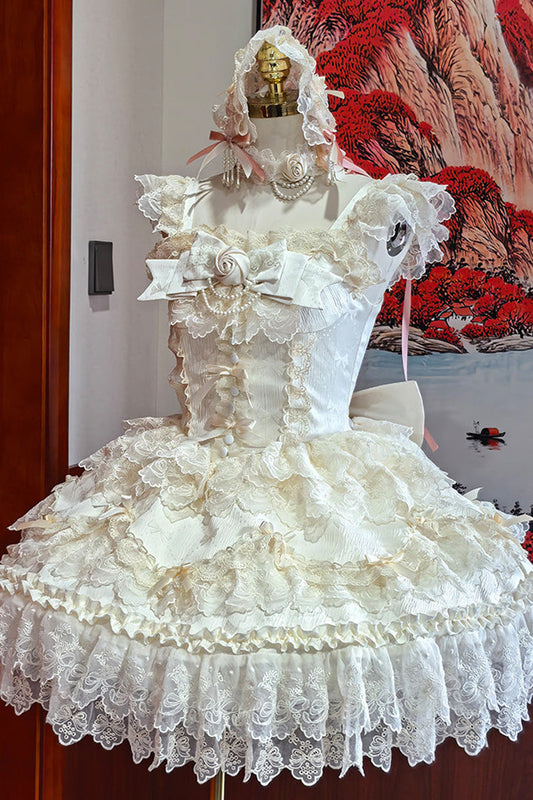 Apricot [Rose Feather Romance] Square Collar Ruffled Bow Lace Ballet Sweet Lolita Jsk Dress